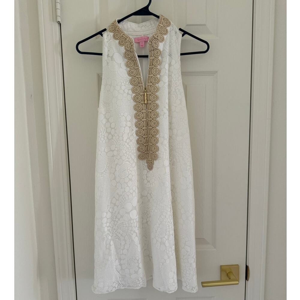 Lilly Pulitzer Jane Shift Dress White Mocean Lace Gold Trim Sleeveless Womens 00 - Picture 3 of 14